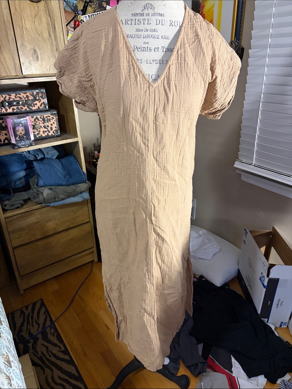 Faherty Organic Cotton Beige V-Neck Crinkle MIDI Dress - S/XS